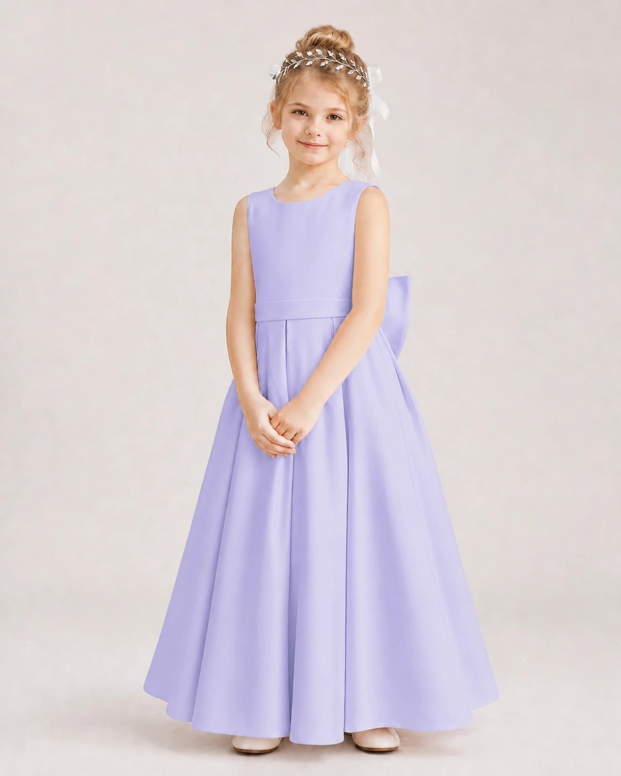 Lavender Satin A-Line Flower Girl Dresses Front View