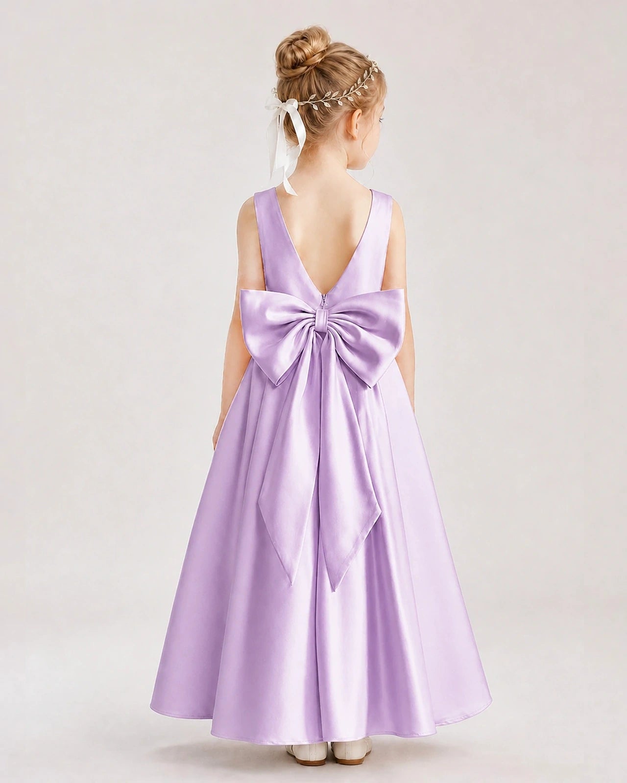 Lilac Satin A-Line Flower Girl Dress Back View