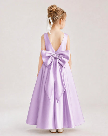 Lilac Satin A-Line Flower Girl Dress Back View