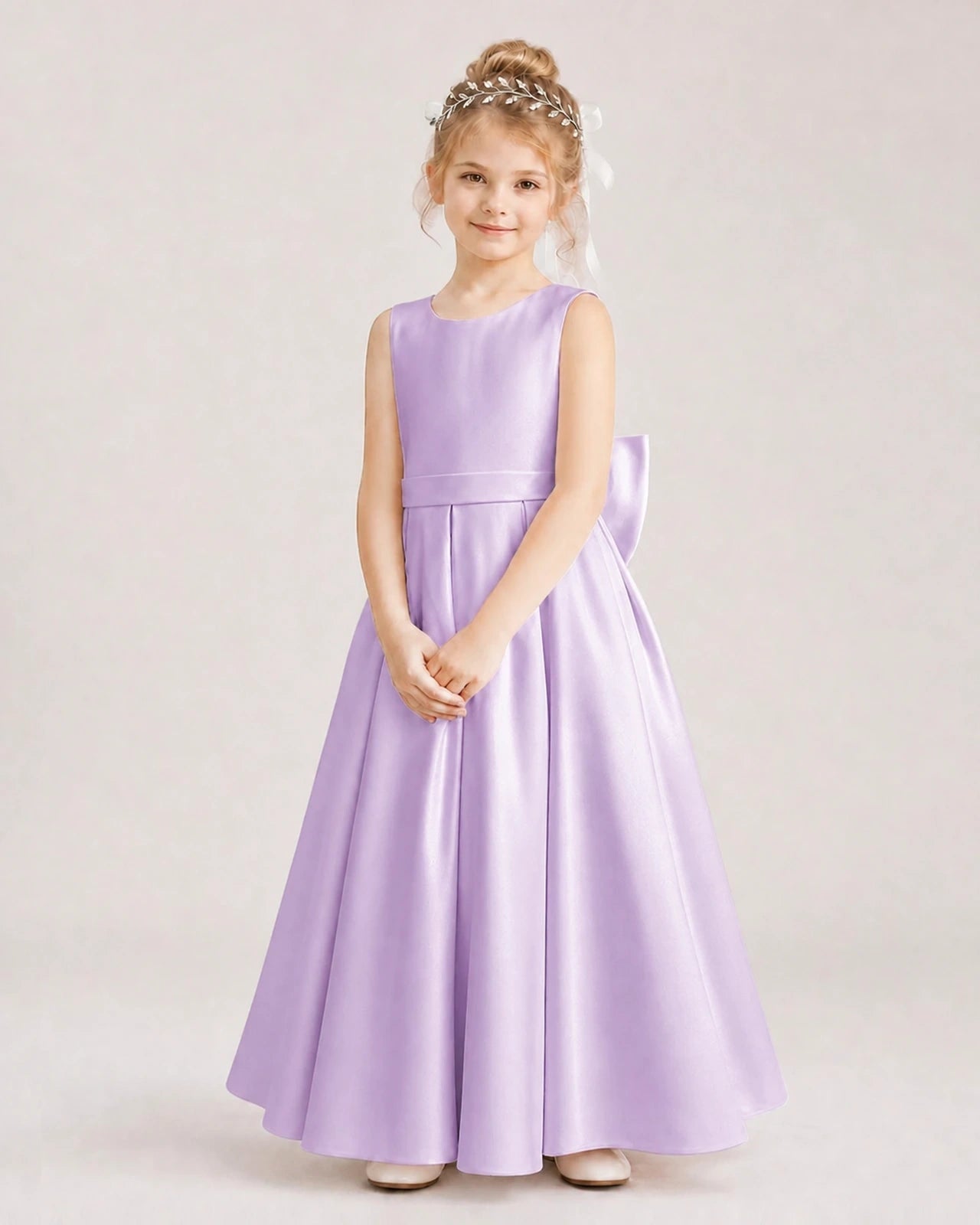 Lilac Satin A-Line Flower Girl Dresses Front View