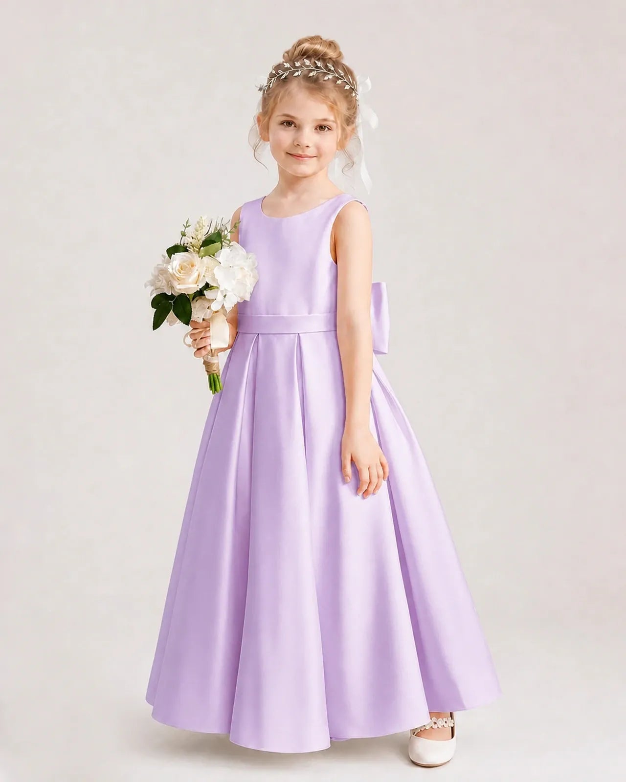 Lilac Satin A-Line Flower Girl Dresses Side View