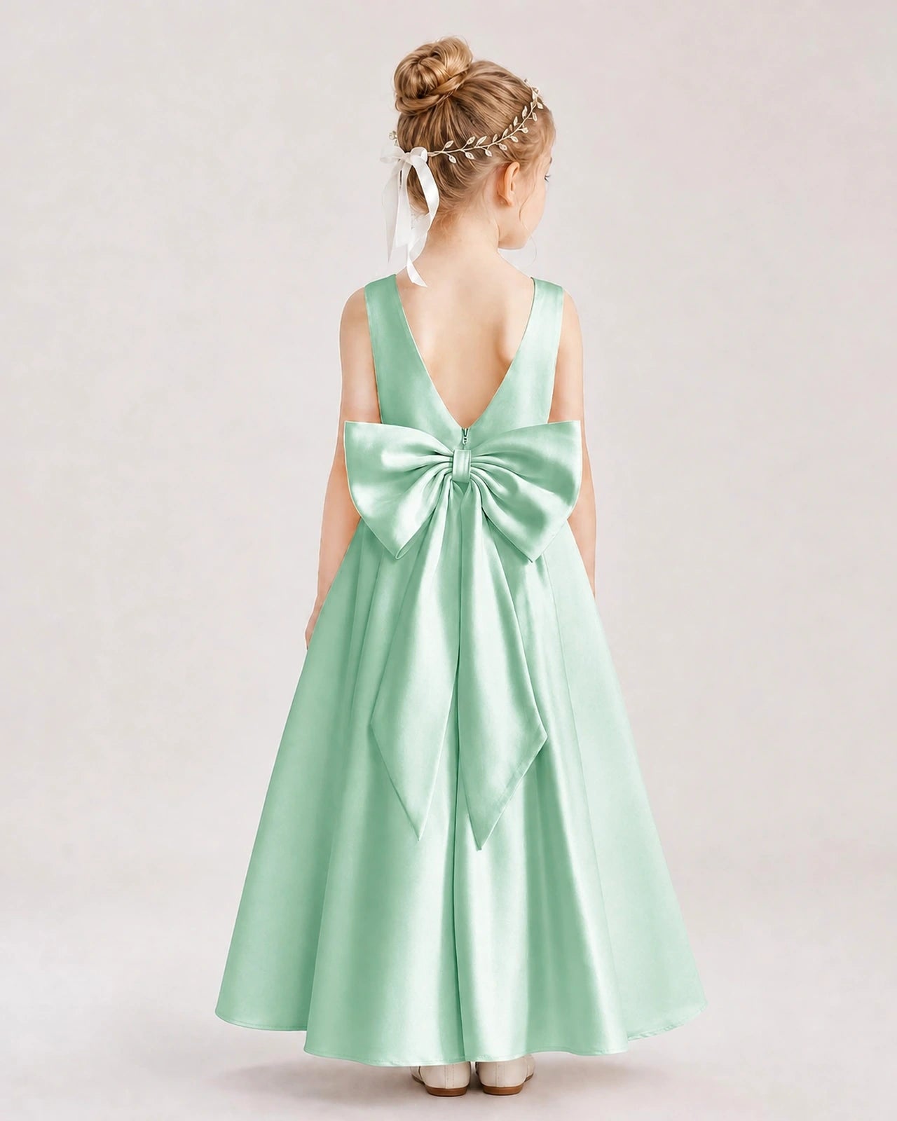 Mint Green Satin V-Neck A-Line Flower Girl Dresses Back View