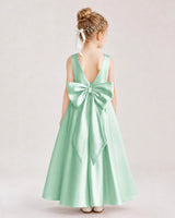 Mint Green Satin V-Neck A-Line Flower Girl Dresses Back View