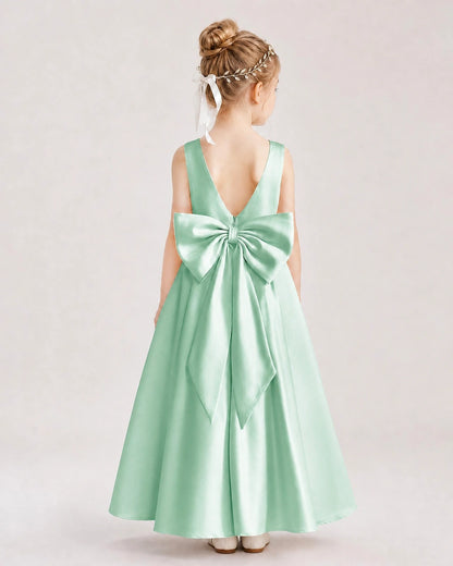 Mint Green Satin V-Neck A-Line Flower Girl Dresses Back View