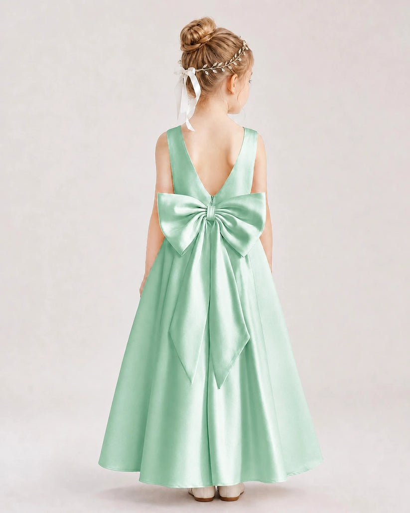 Mint Green Satin V-Neck A-Line Flower Girl Dresses Back View