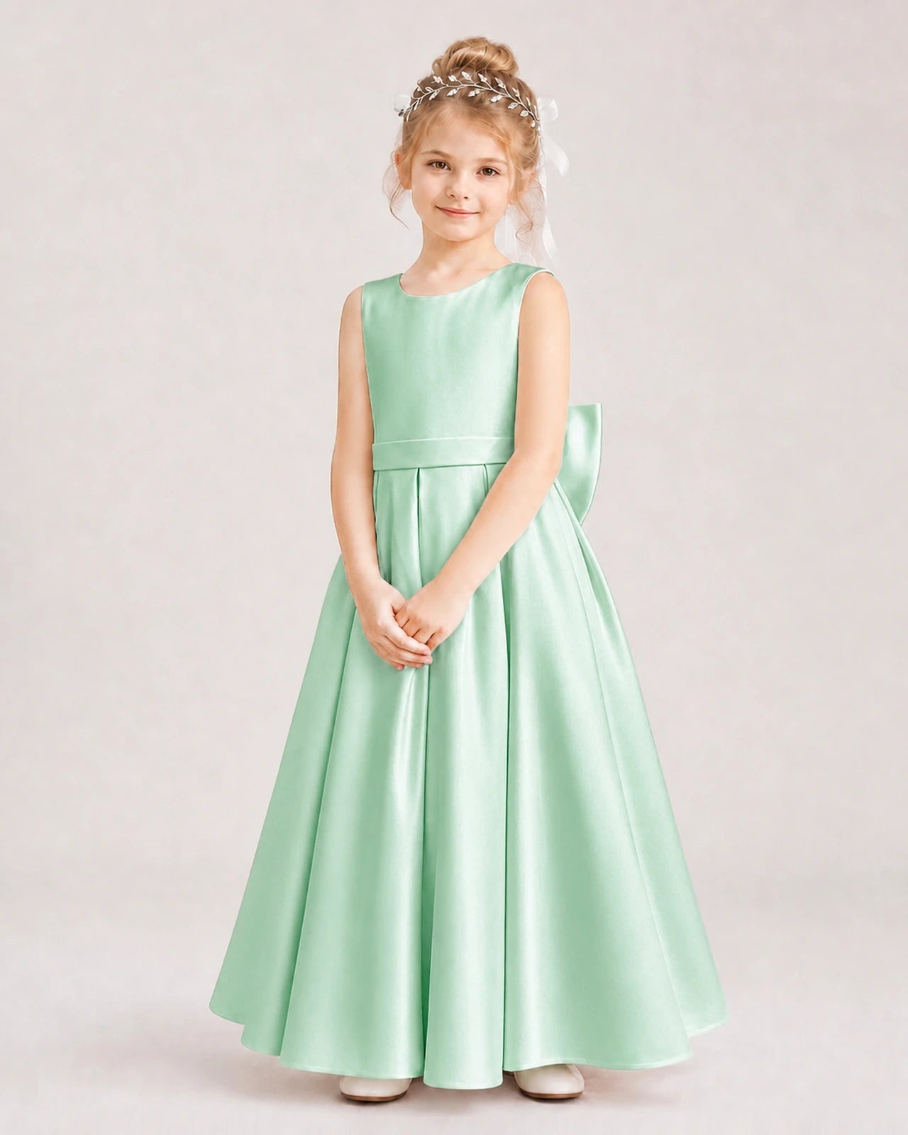 Mint Green Satin A-Line Flower Girl Dresses Front View
