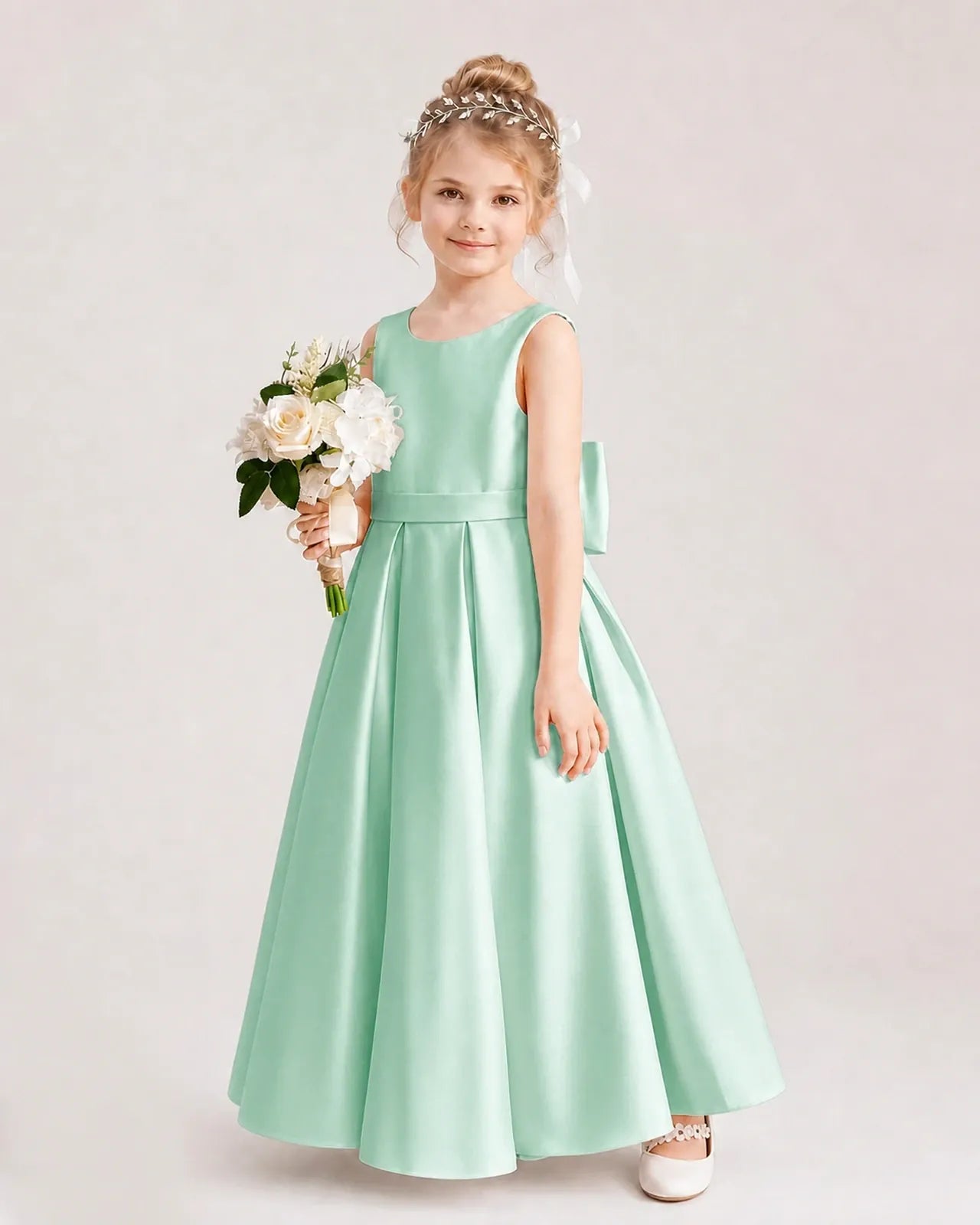 Mint Green Satin A-Line Flower Girl Dresses Side View