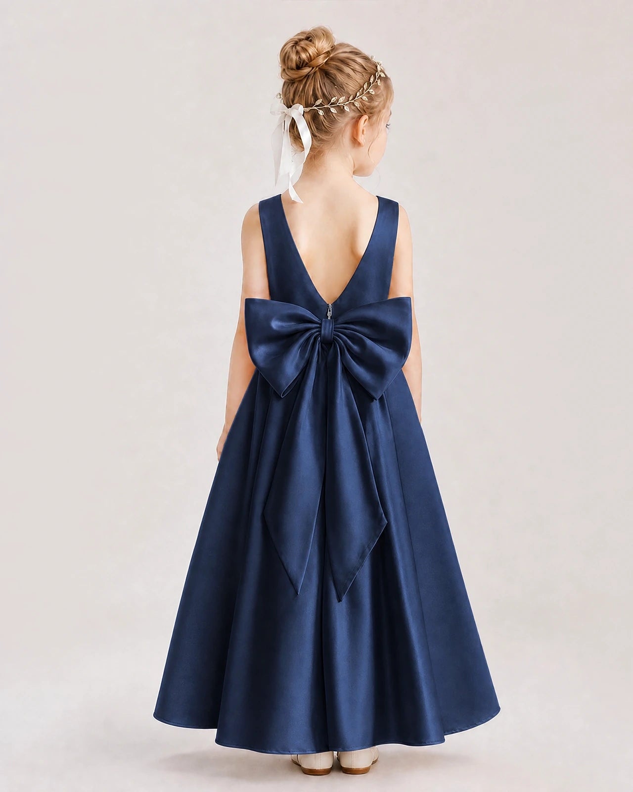 Navy Blue Satin V-Neck A-Line Flower Girl Dresses Back View