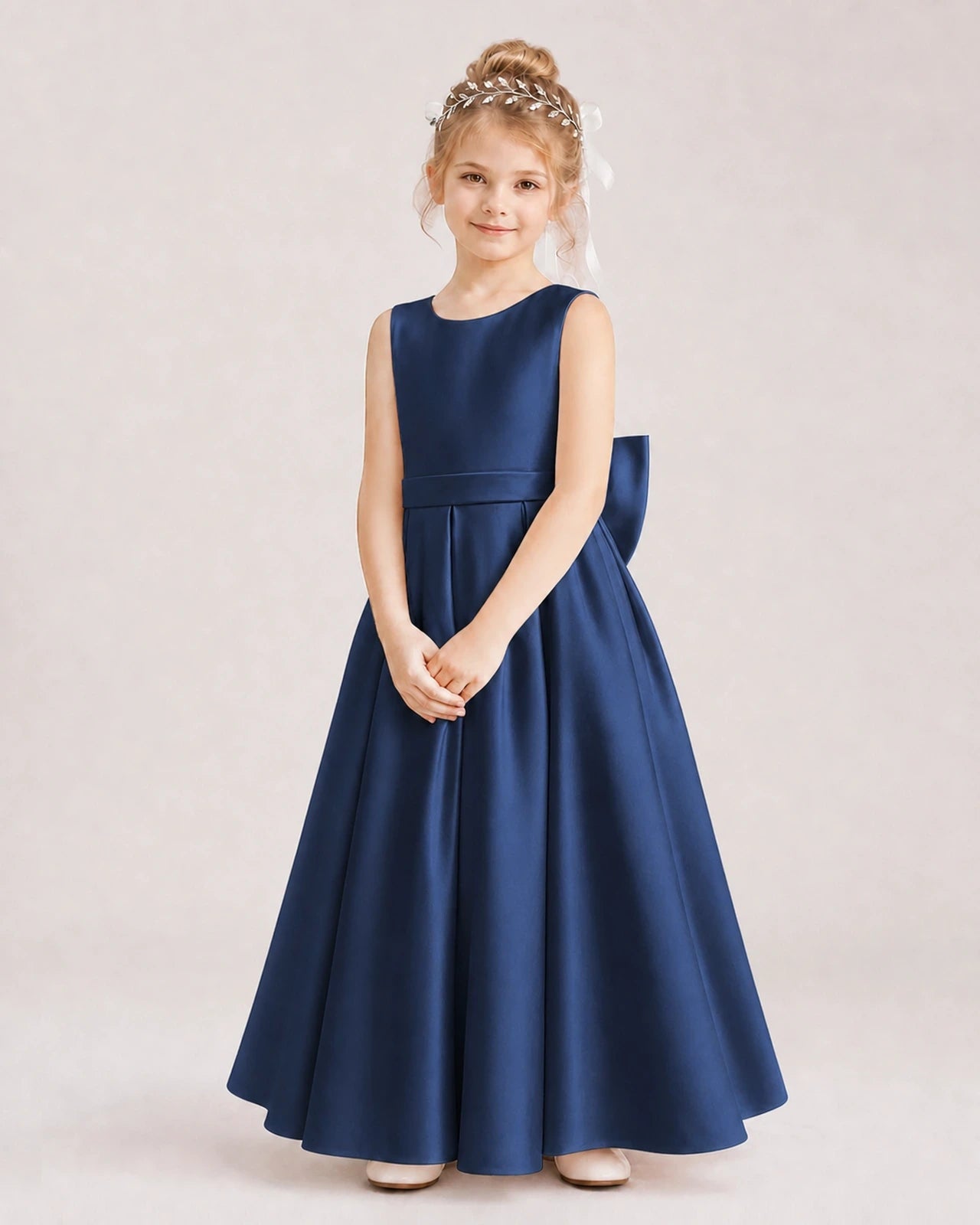 Navy Blue Satin A-Line Flower Girl Dresses Front View