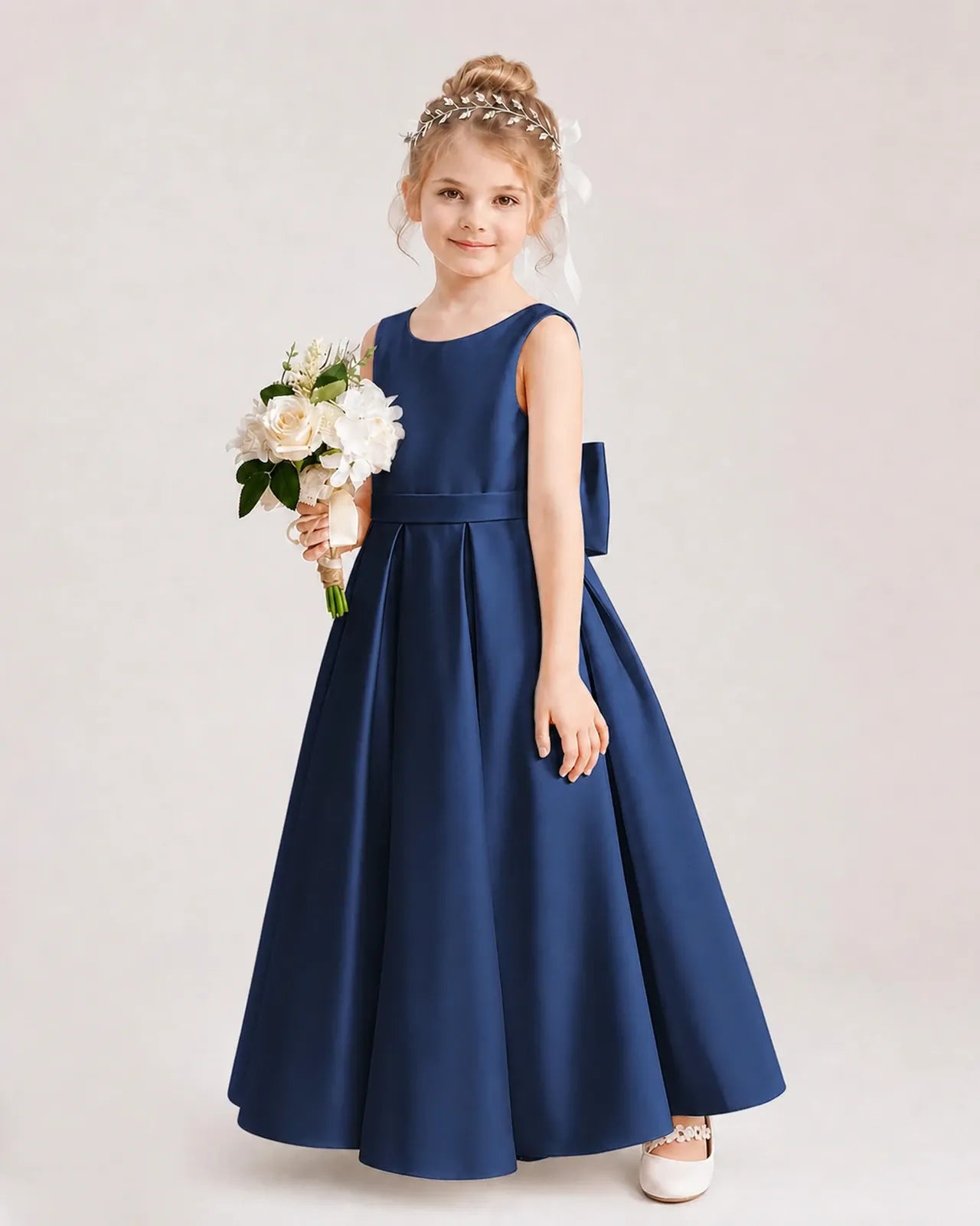 Navy Blue Satin A-line Flower Girl Dresses Side View