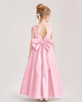 Pink Satin V-Back A-Line Flower Girl Dresses Back View
