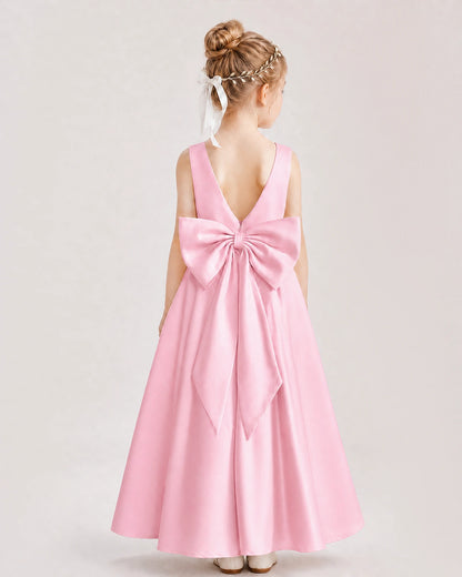 Pink Satin V-Back A-Line Flower Girl Dresses Back View
