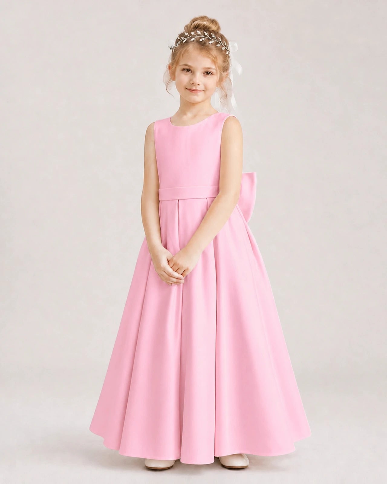 Pink Satin A-line Flower Girl Dresses Front View