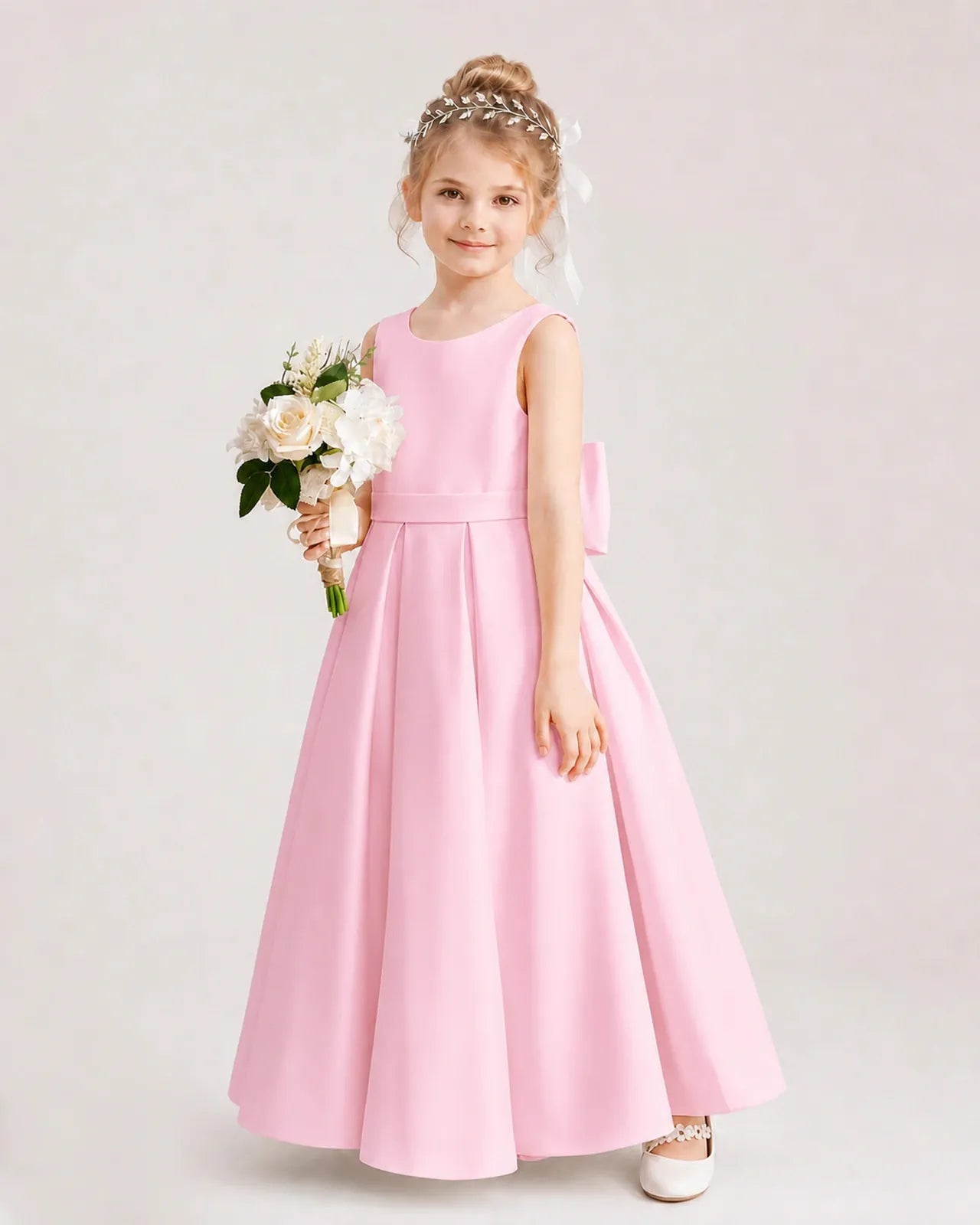 Pink Satin A-Line Flower Girl Dresses Side View