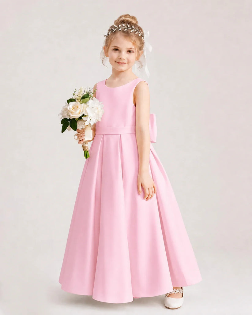 Pink Satin A-Line Flower Girl Dresses Side View