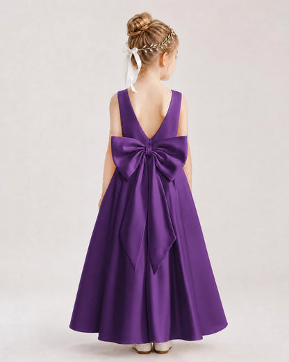 Purple Satin V-Neck A-Line Flower Girl Dresses Back View