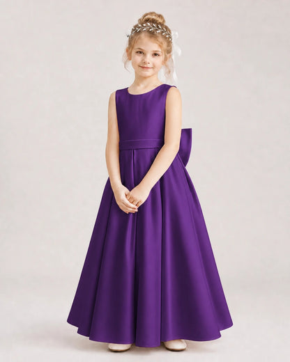 Purple Satin A-Line Flower Girl Dresses Front View