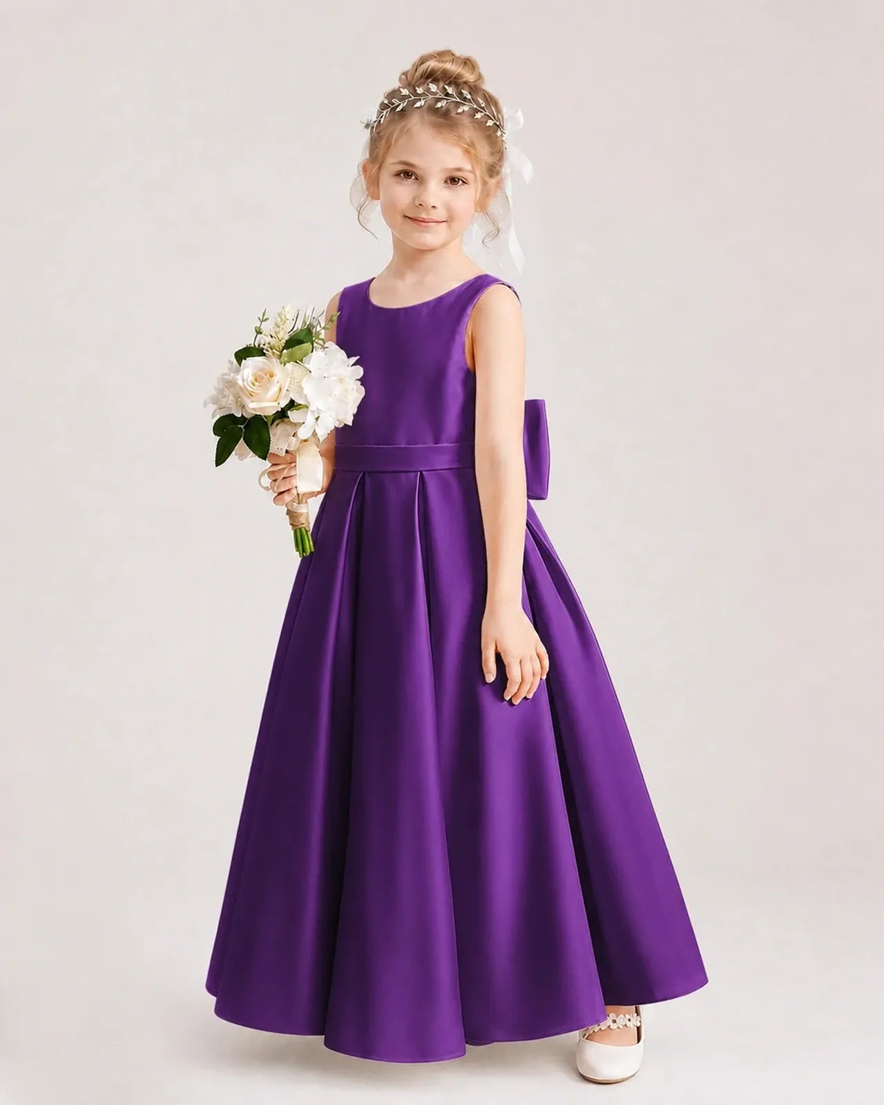 Purple Satin A-Line Flower Girl Dresses Side View