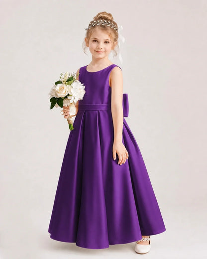 Purple Satin A-Line Flower Girl Dresses Side View