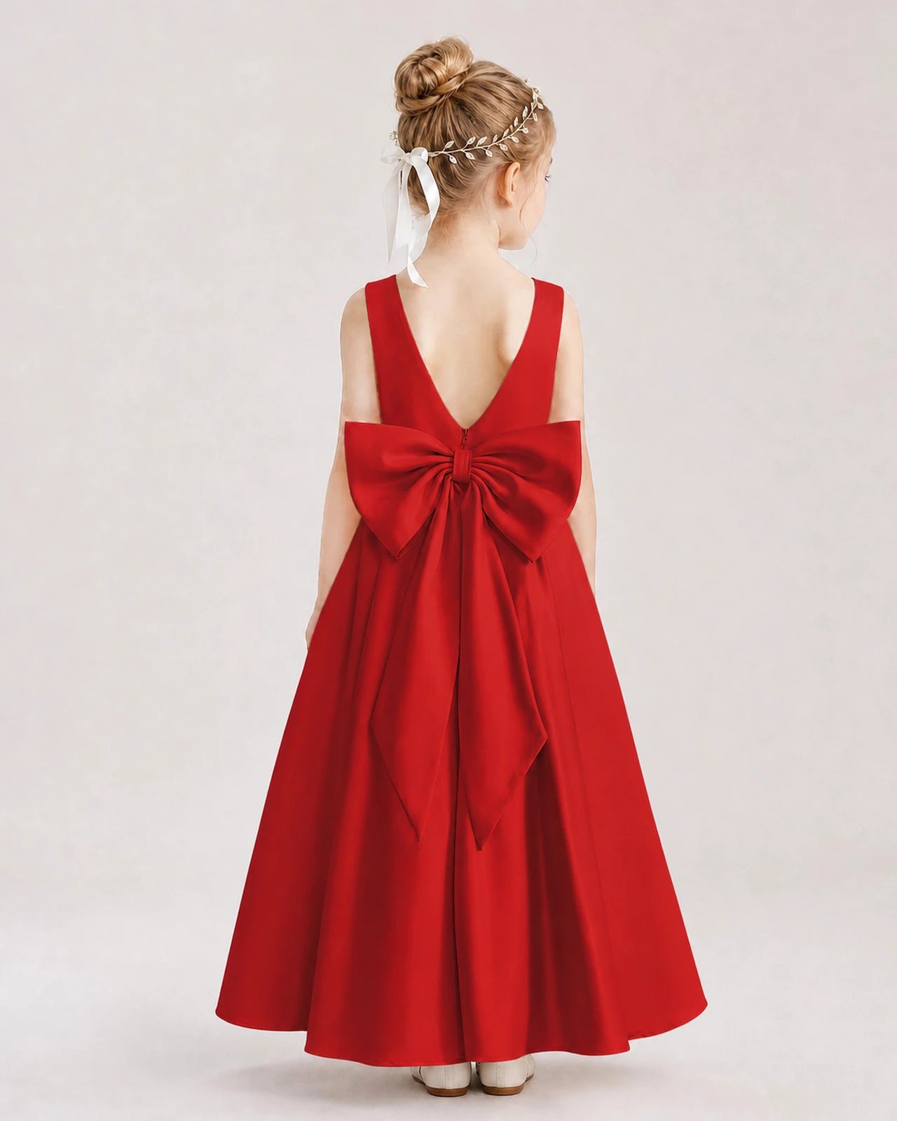 Red satin V-neck bow flower girl dress Back View