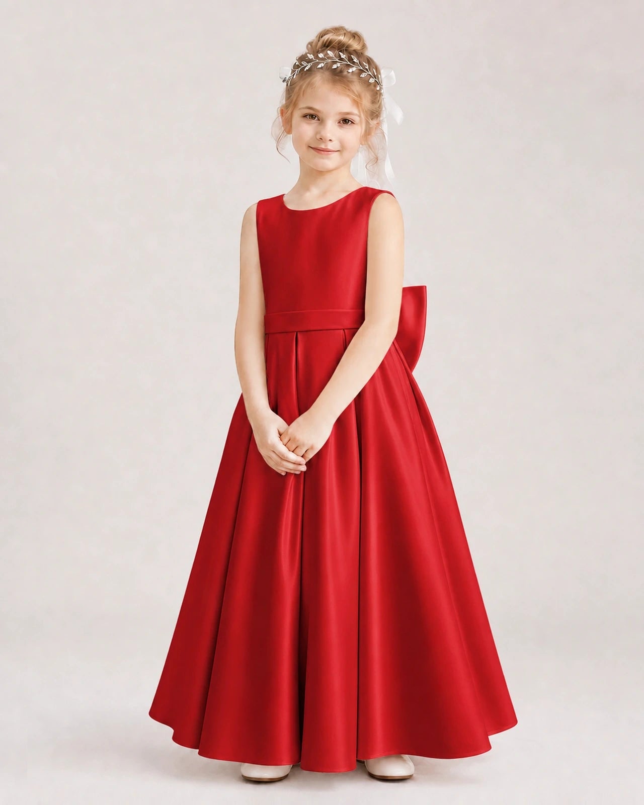 Red Satin A-Line Flower Girl Dresses Front View