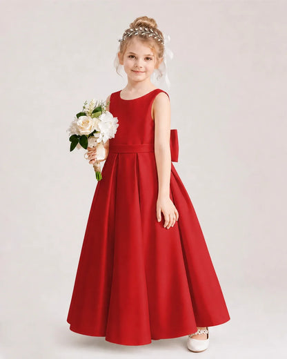 Red Satin A-Line Flower Girl Dresses Side View