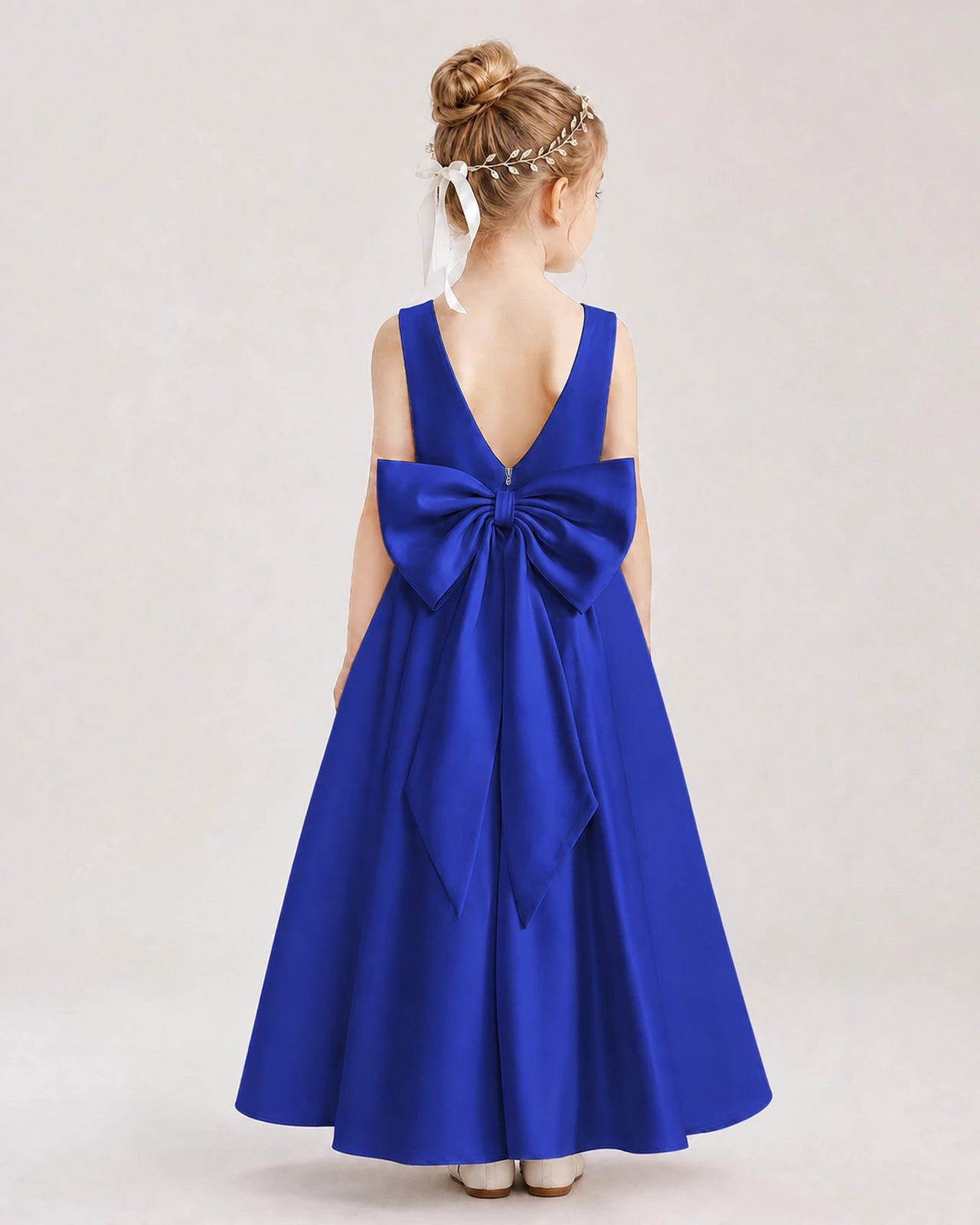 Royal Blue Satin V-Neck A-Line Flower Girl Dresses Back View
