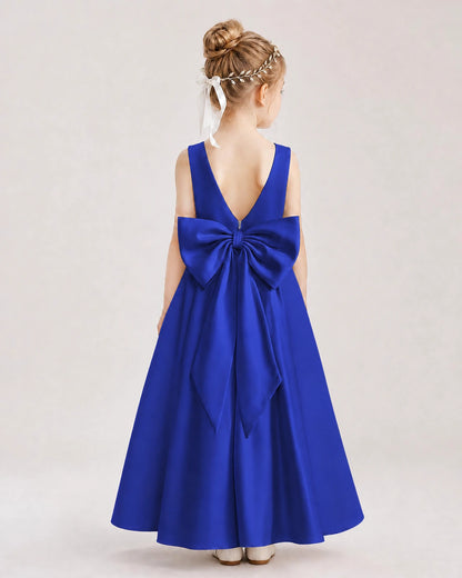 Royal Blue Satin V-Neck A-Line Flower Girl Dresses Back View