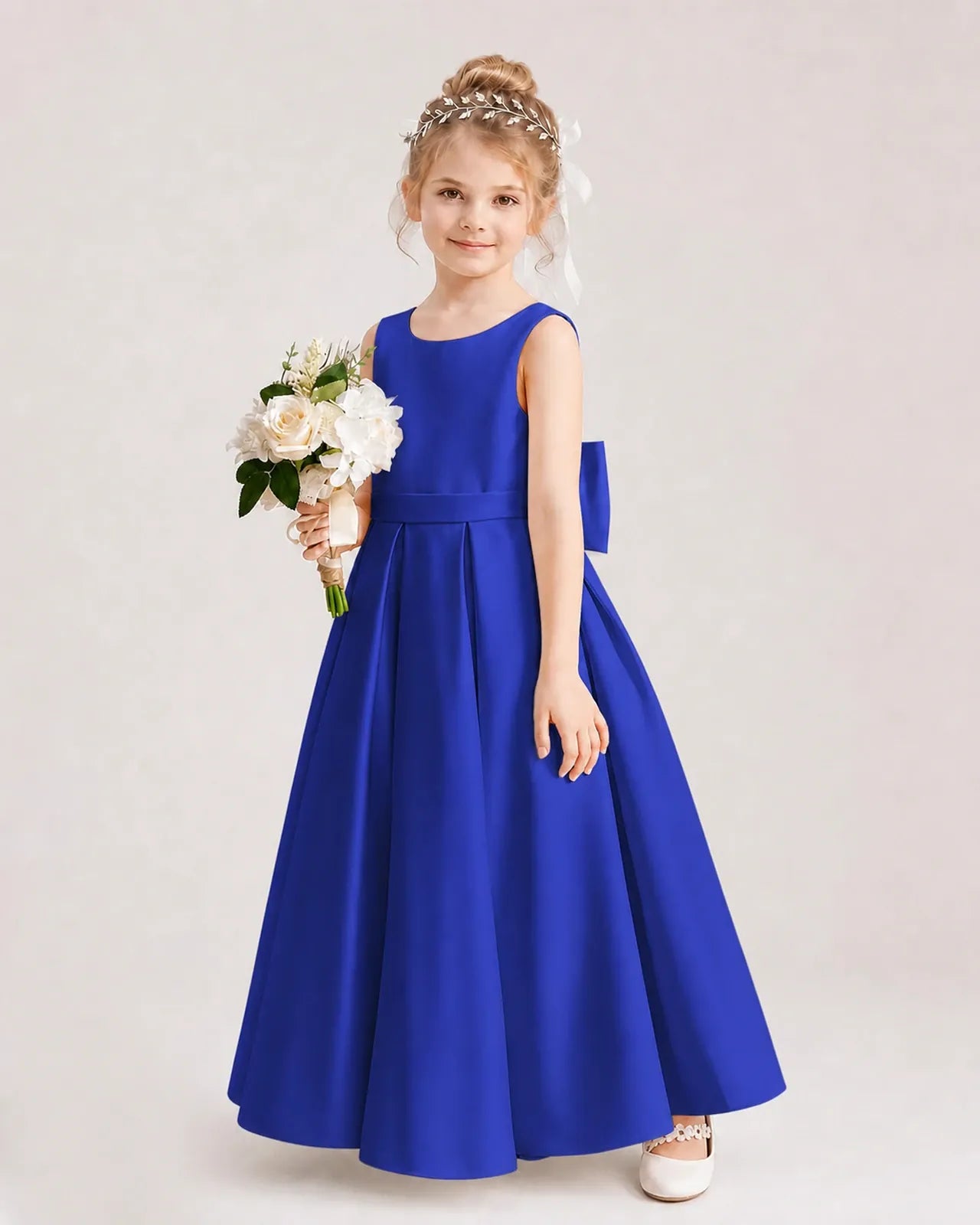 Royal Blue Satin A-Line Flower Girl Dresses Side View