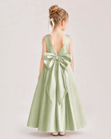 Sage green satin A-line flower girl dress, Back View