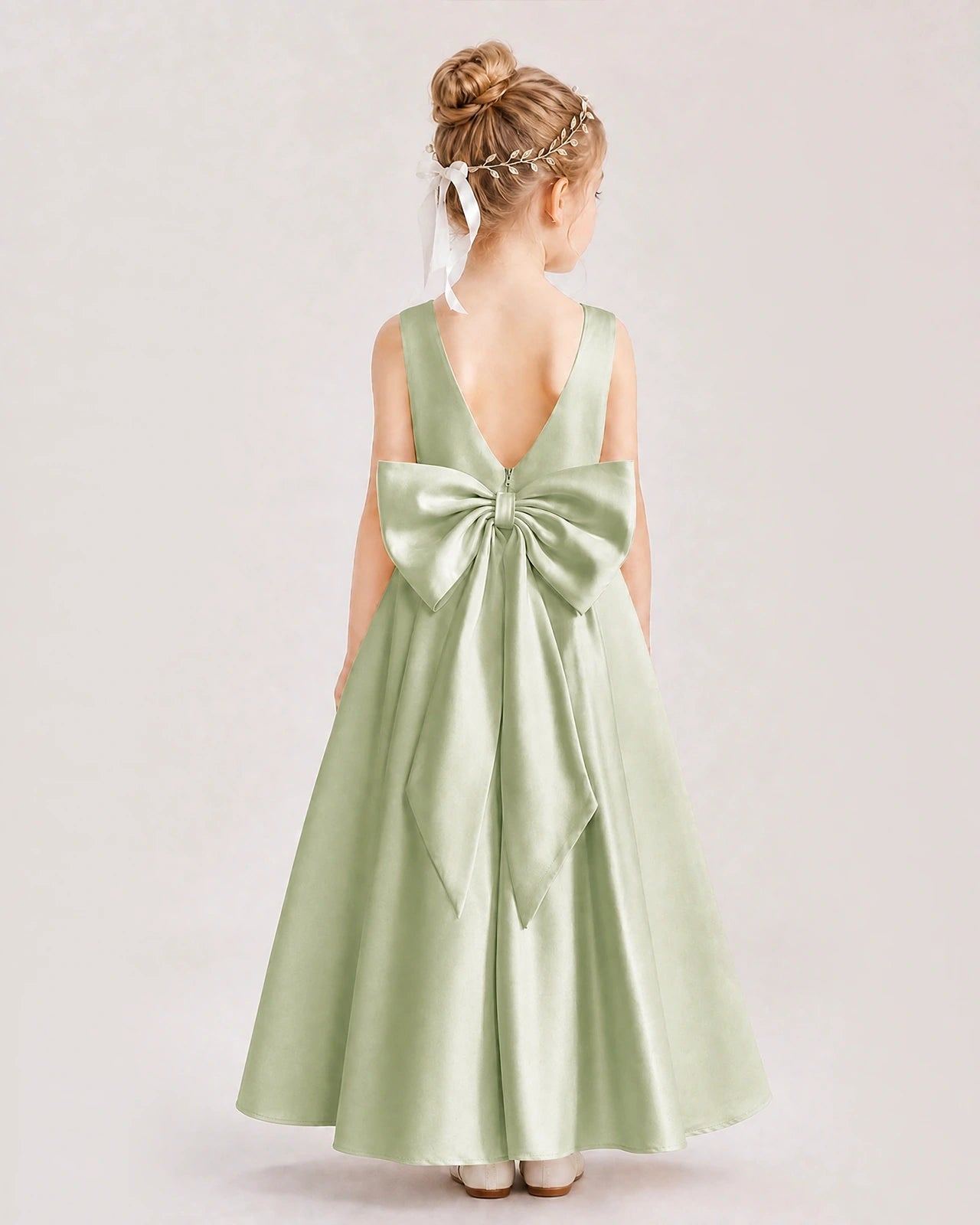 Sage green satin A-line flower girl dress, Back View