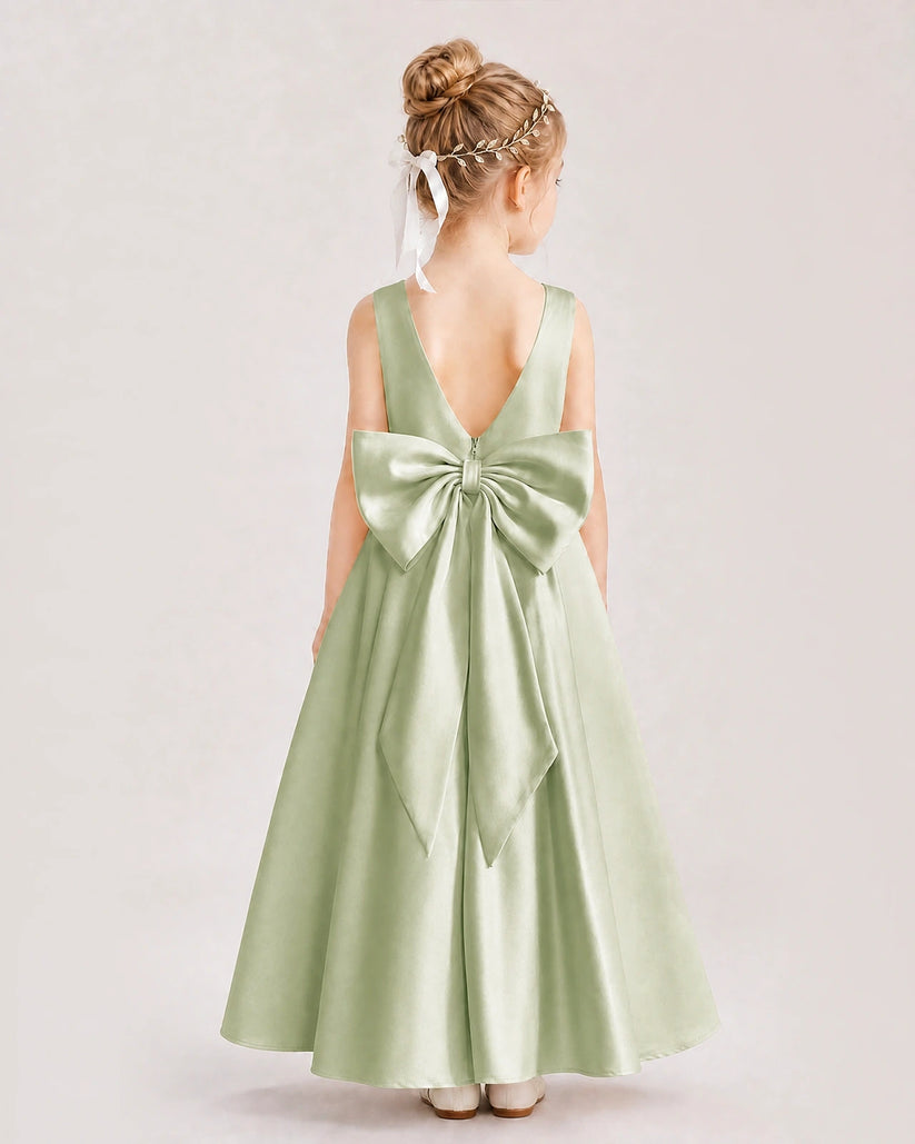 Sage green satin A-line flower girl dress, Back View