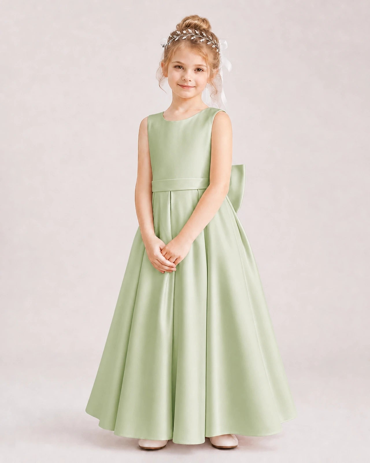 Sage green satin A-line flower girl dress, front view