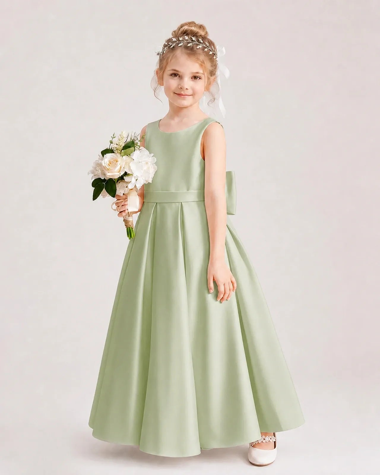 Sage Green Satin Pleated Flower Girl Dresses Side View