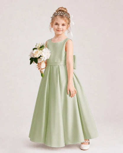 Sage Green Satin Pleated Flower Girl Dresses Side View