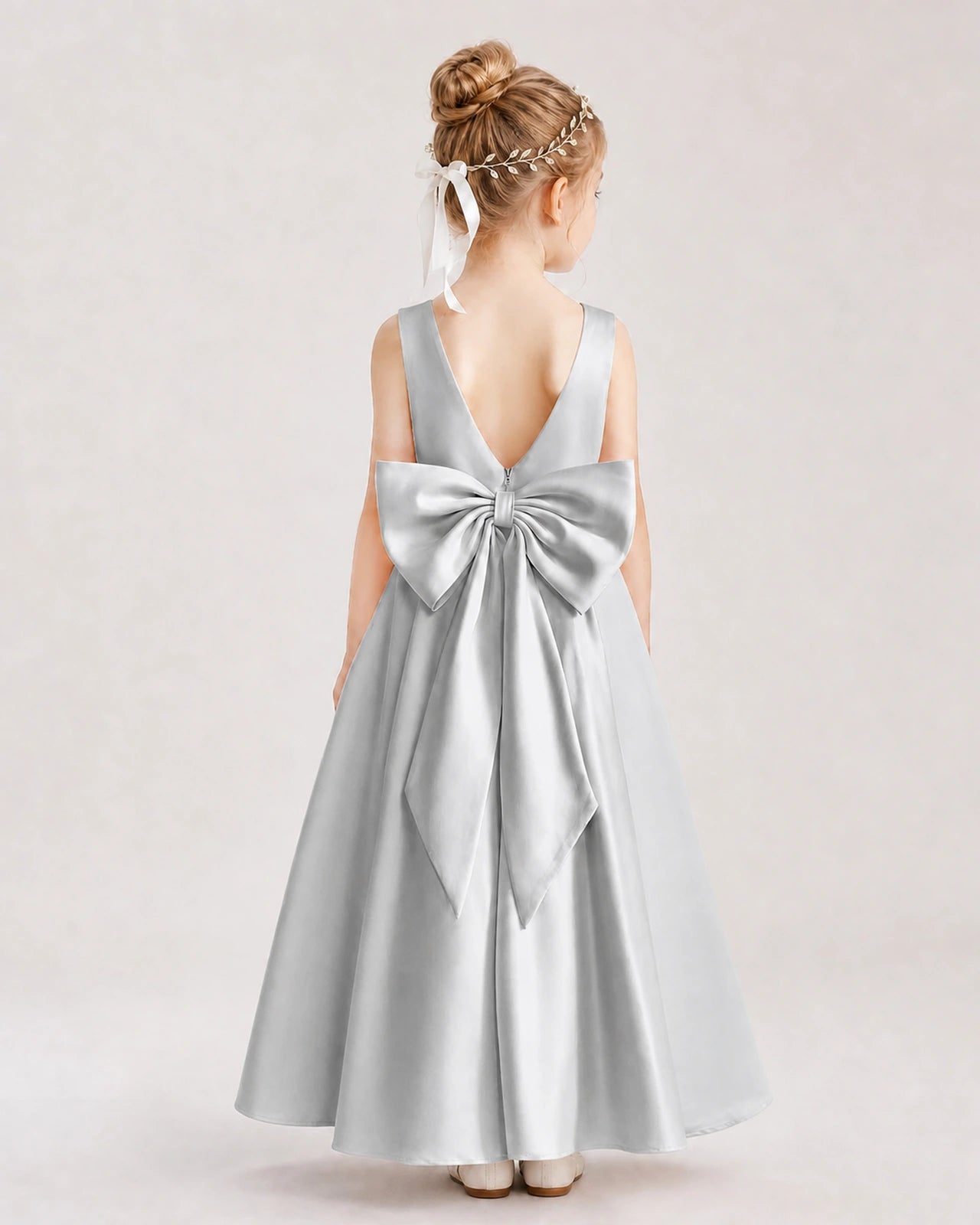 Silver Satin A-Line Flower Girl Dresses Back View