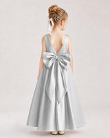Silver Satin A-Line Flower Girl Dresses Back View