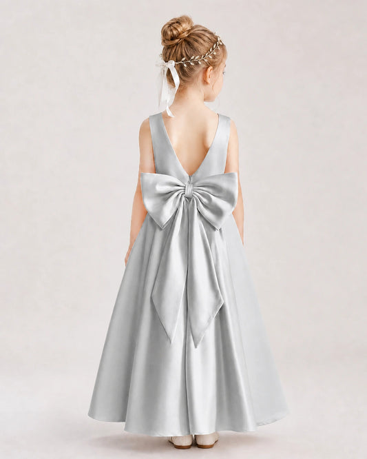 Silver Satin A-Line Flower Girl Dresses Back View