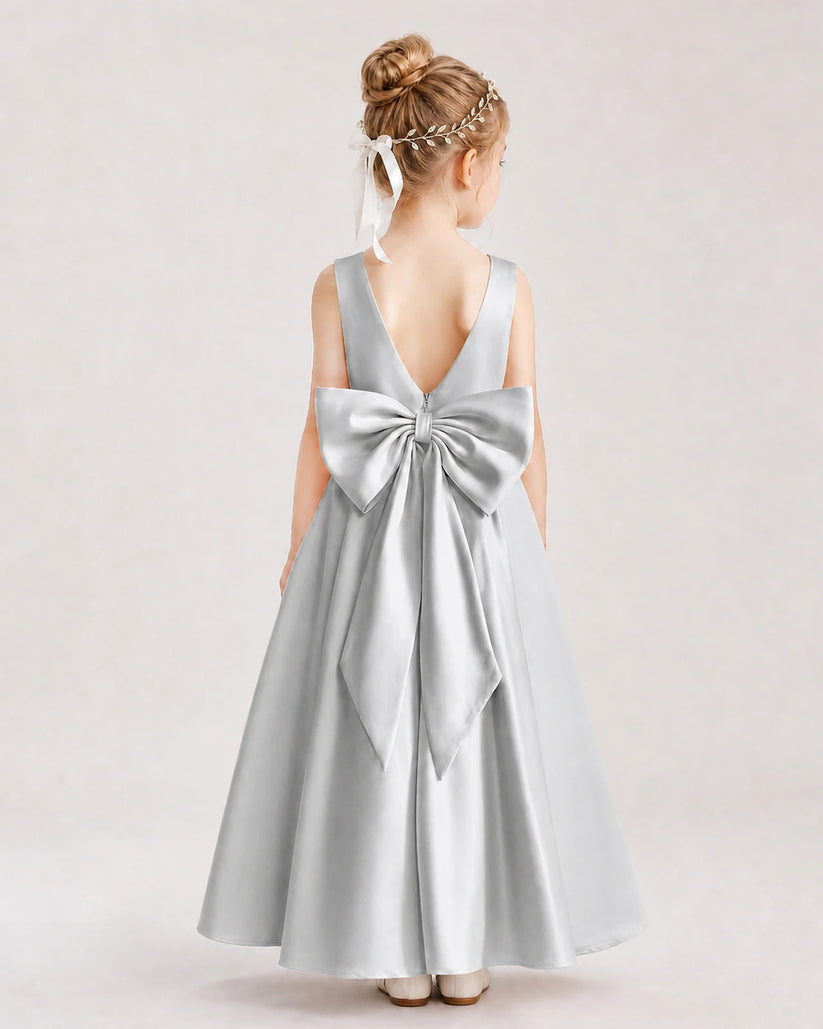 Silver Satin A-Line Flower Girl Dresses Back View