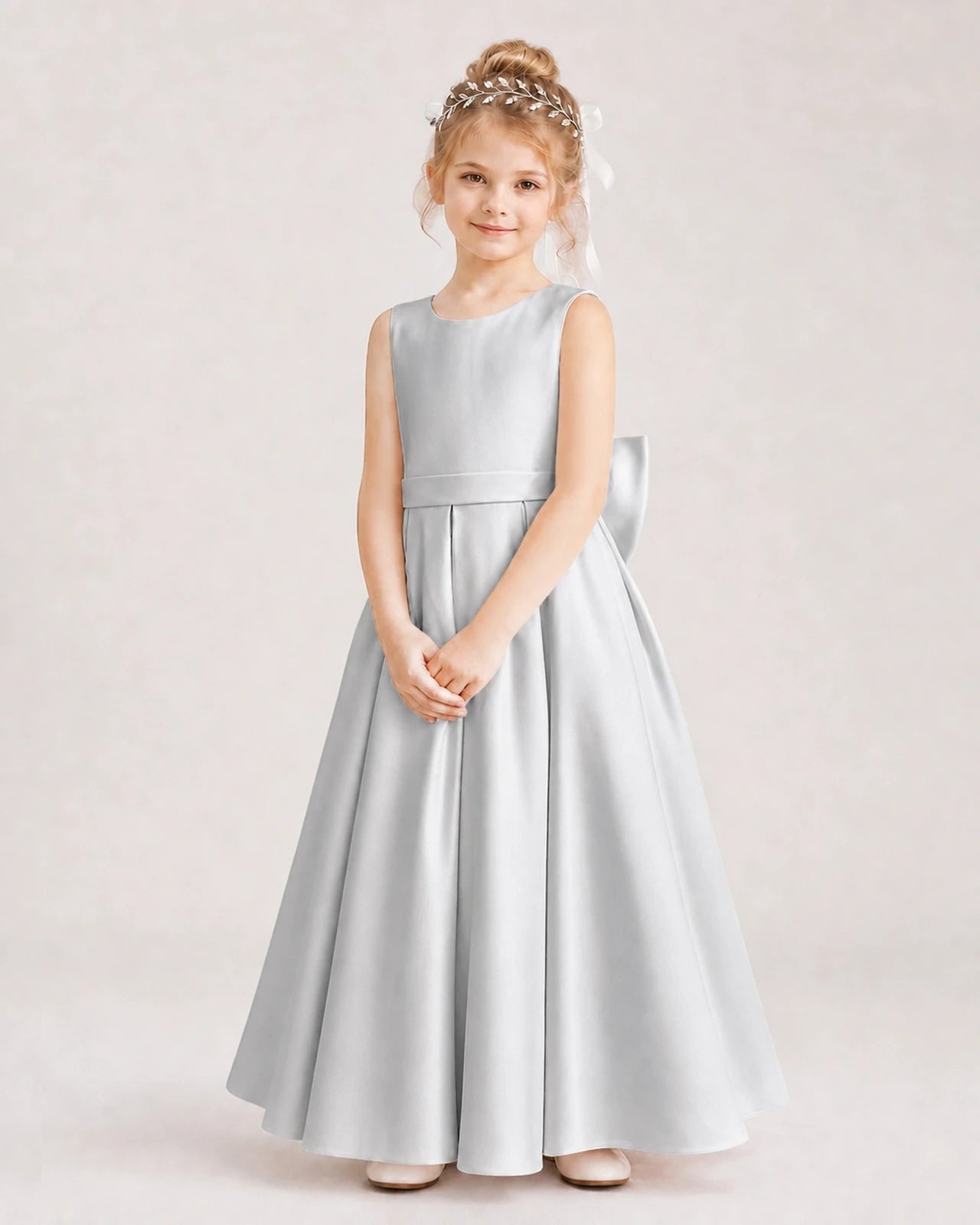 Silver Satin A-Line Flower Girl Dresses Front View