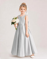 Silver satin A-line flower girl dress Side View