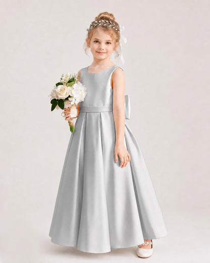 Silver satin A-line flower girl dress Side View