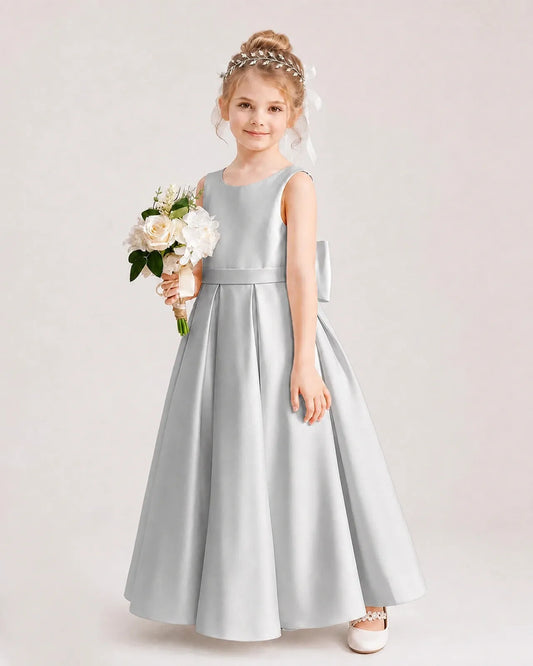 Silver satin A-line flower girl dress Side View