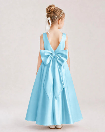 Sky Blue Satin A-Line Flower Girl Dresses Back View