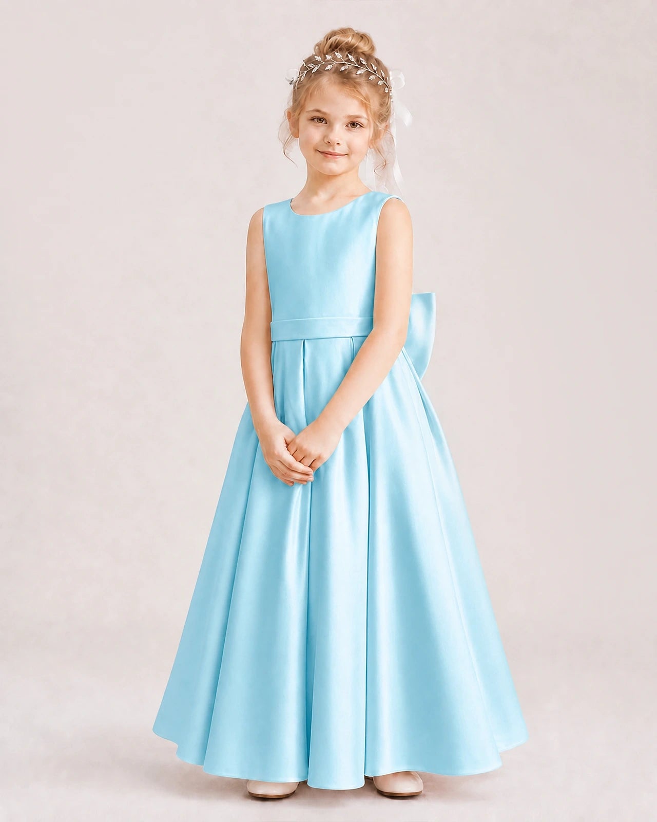 Sky Blue Satin A-Line Flower Girl Dresses Front View