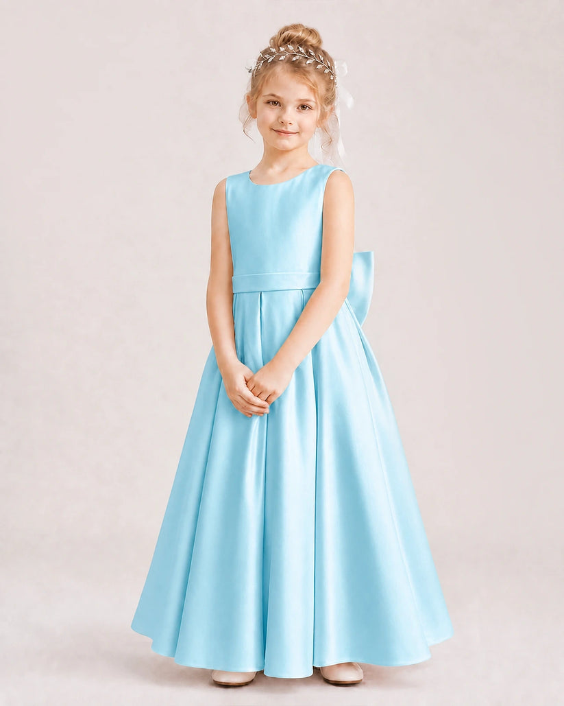 Sky Blue Satin A-Line Flower Girl Dresses Front View