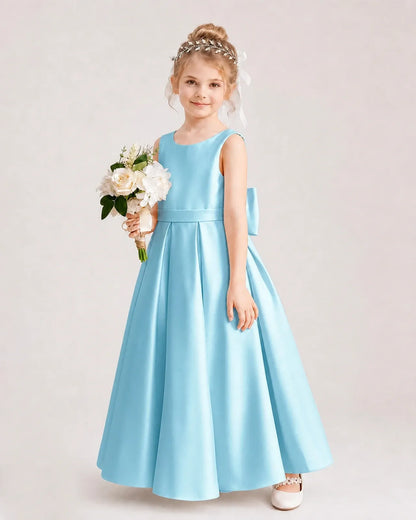 Sky blue satin A-line flower girl dress side view