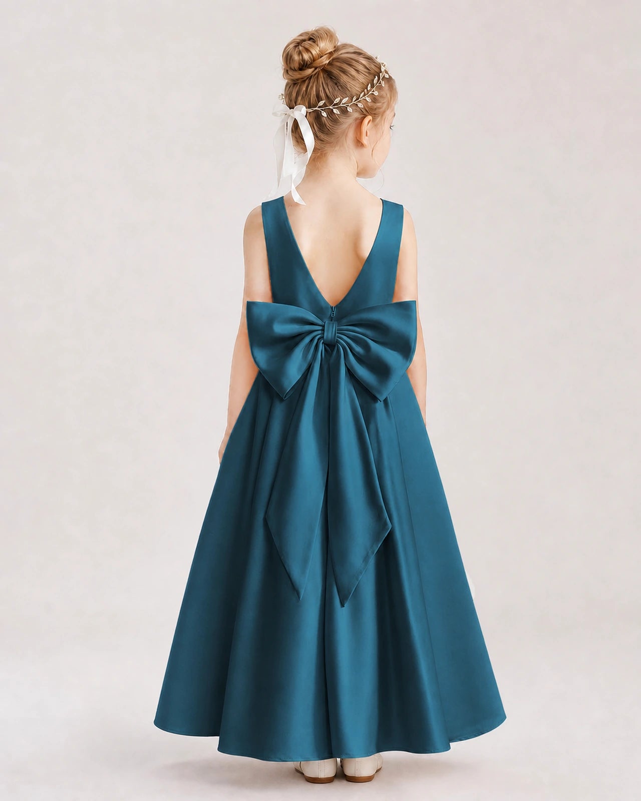 Teal Satin V-Back Flower Girl Dresses Back View