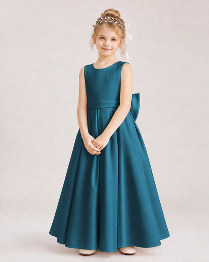 Teal Satin A-Line Flower Girl Dresses Front View