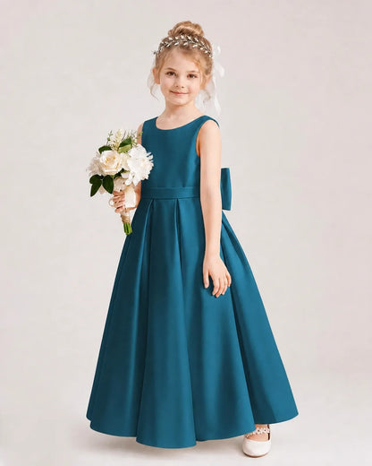 Teal Satin Pleated A-Line Flower Girl Dresses Side View